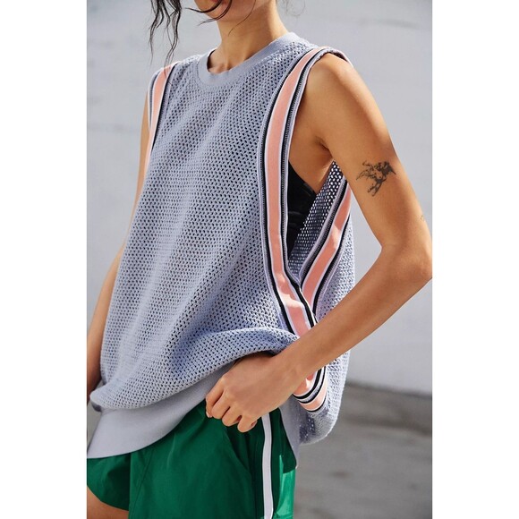 Free People FP Movement Coquette Tank Top Knit Mesh Striped Oversized L 284423 - Picture 3 of 11